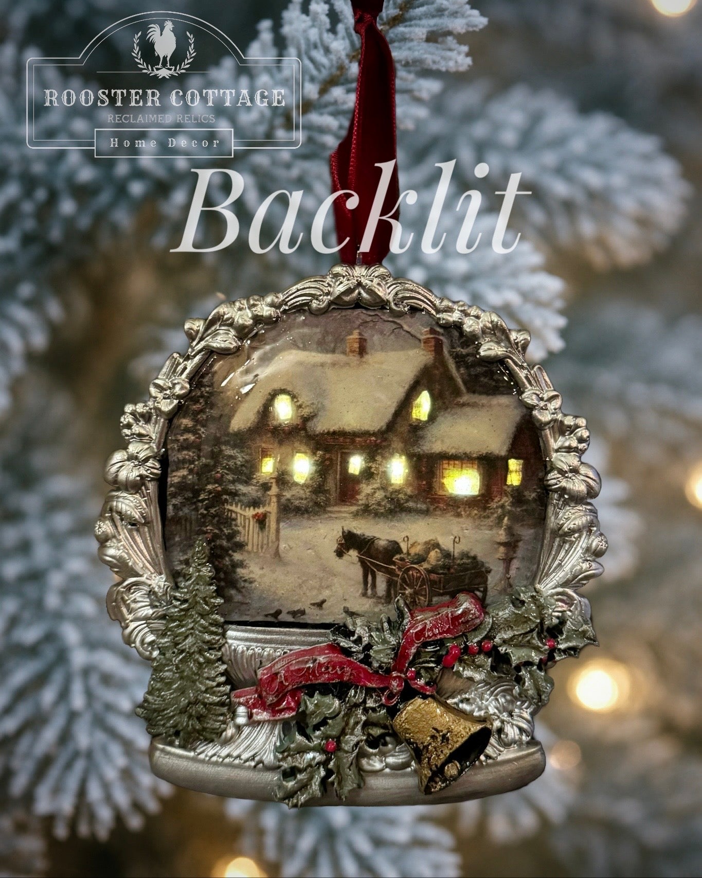 Snowy Cottage Snow Globe Ornament - Illuminated