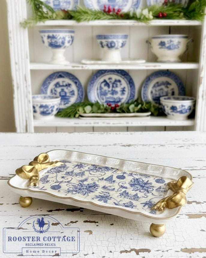 Blue & White Christmas Toile Footed Tray