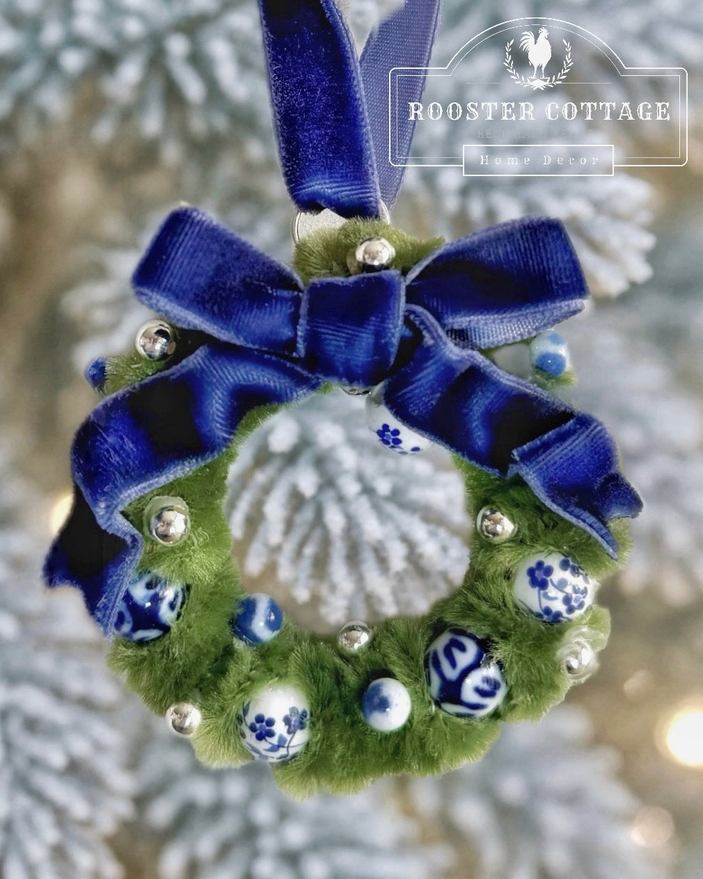 Blue & White Porcelain Wreath Ornaments — Set of 3 with Keepsake Gift Box
