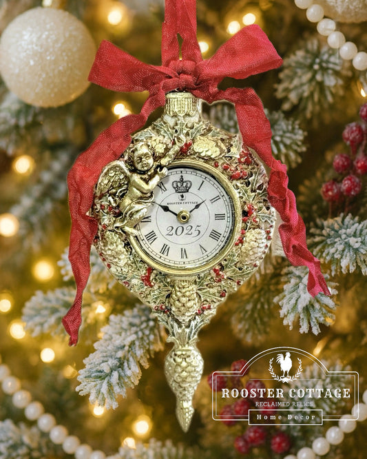 Timeless Cherub Holly Clock Christmas Ornament