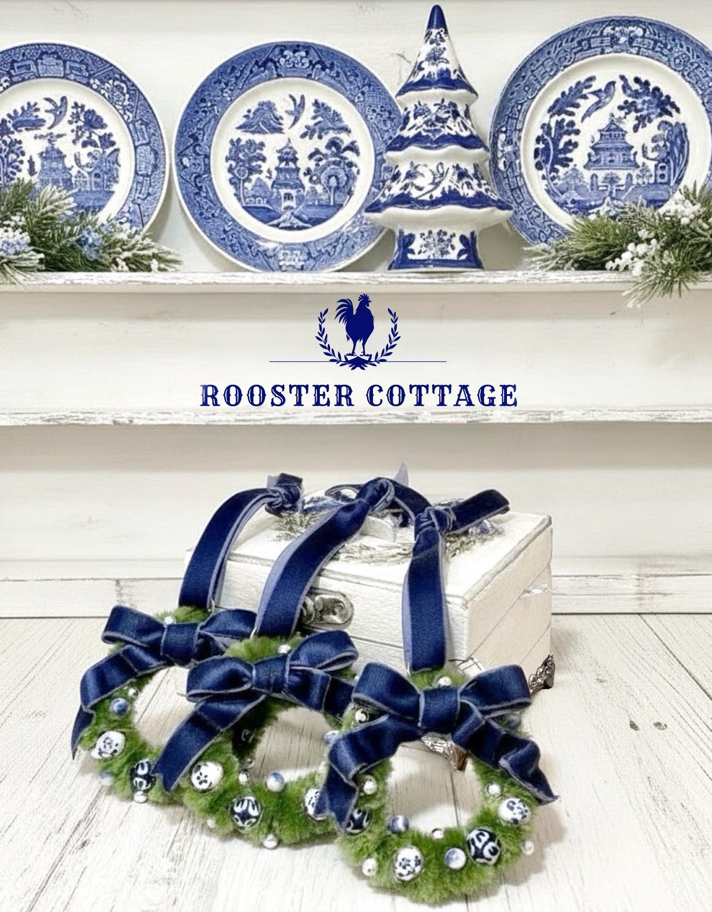 Blue & White Porcelain Wreath Ornaments — Set of 3 with Keepsake Gift Box