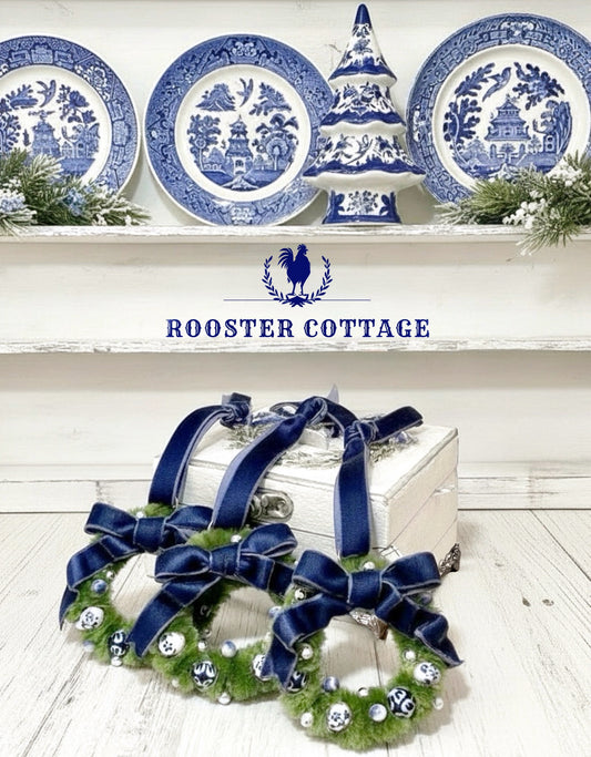 Blue & White Porcelain Wreath Ornaments — Set of 3 with Keepsake Gift Box
