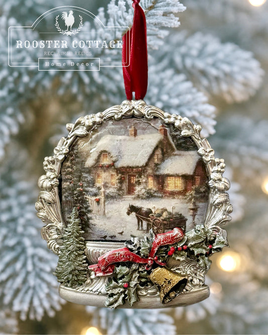Snowy Cottage Snow Globe Ornament - Illuminated