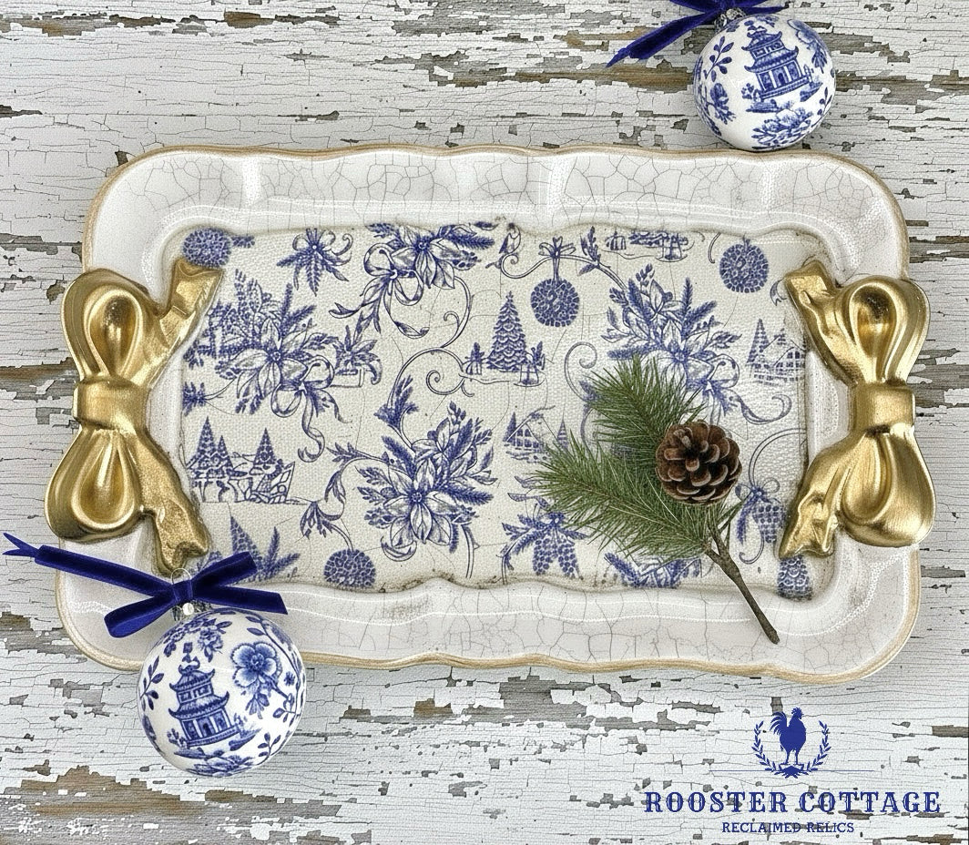 Blue & White Christmas Toile Footed Tray