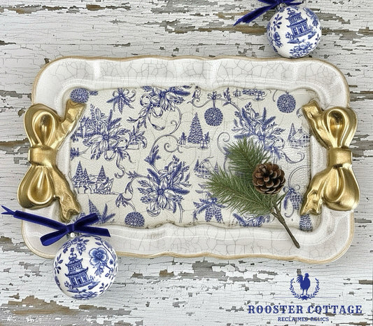 Blue & White Christmas Toile Footed Tray