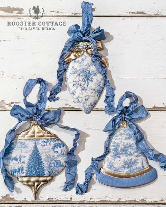 Blue & White Toile Ceramic Ornament Set – French Country Christmas