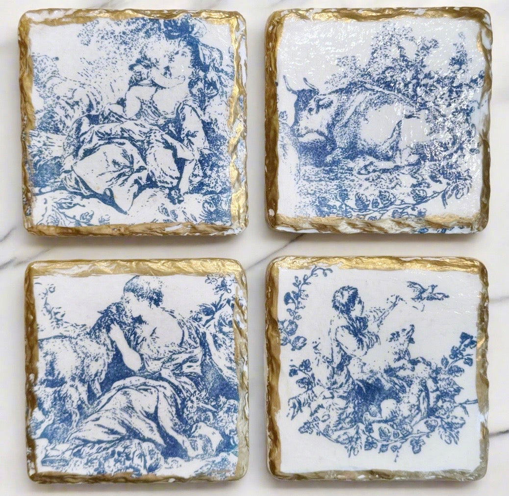 Pastoral Toile Blue & White Drink Coasters