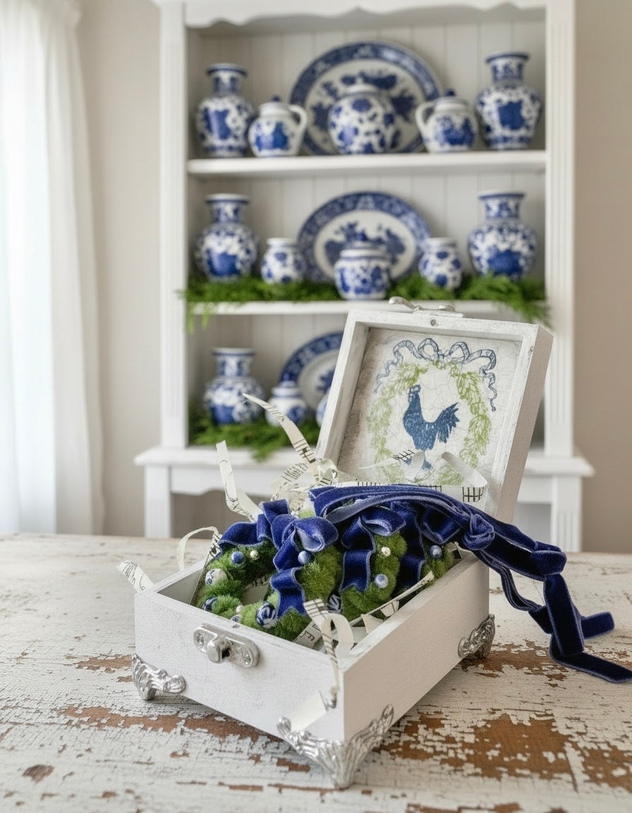 Blue & White Porcelain Wreath Ornaments — Set of 3 with Keepsake Gift Box